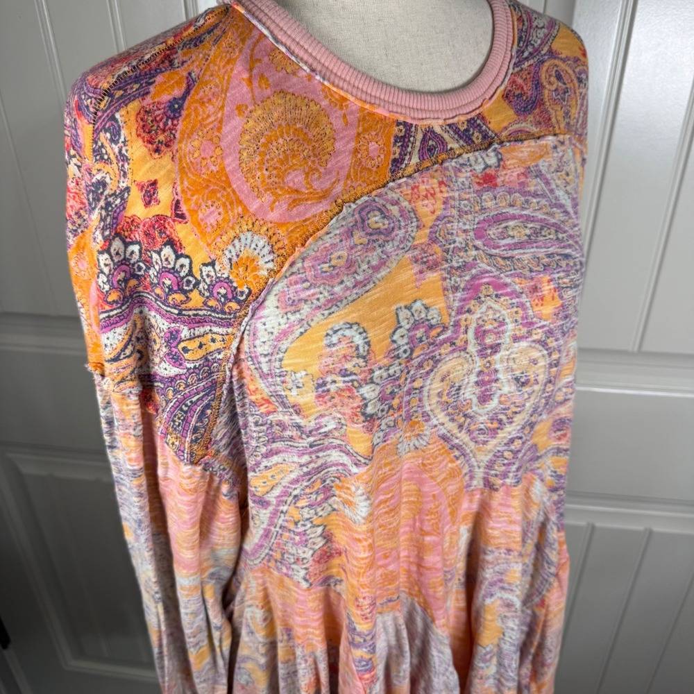 Free People Paisley Babydoll Top Womens Size Small Orange Cotton Boho Peplum Tee - Picture 2 of 9